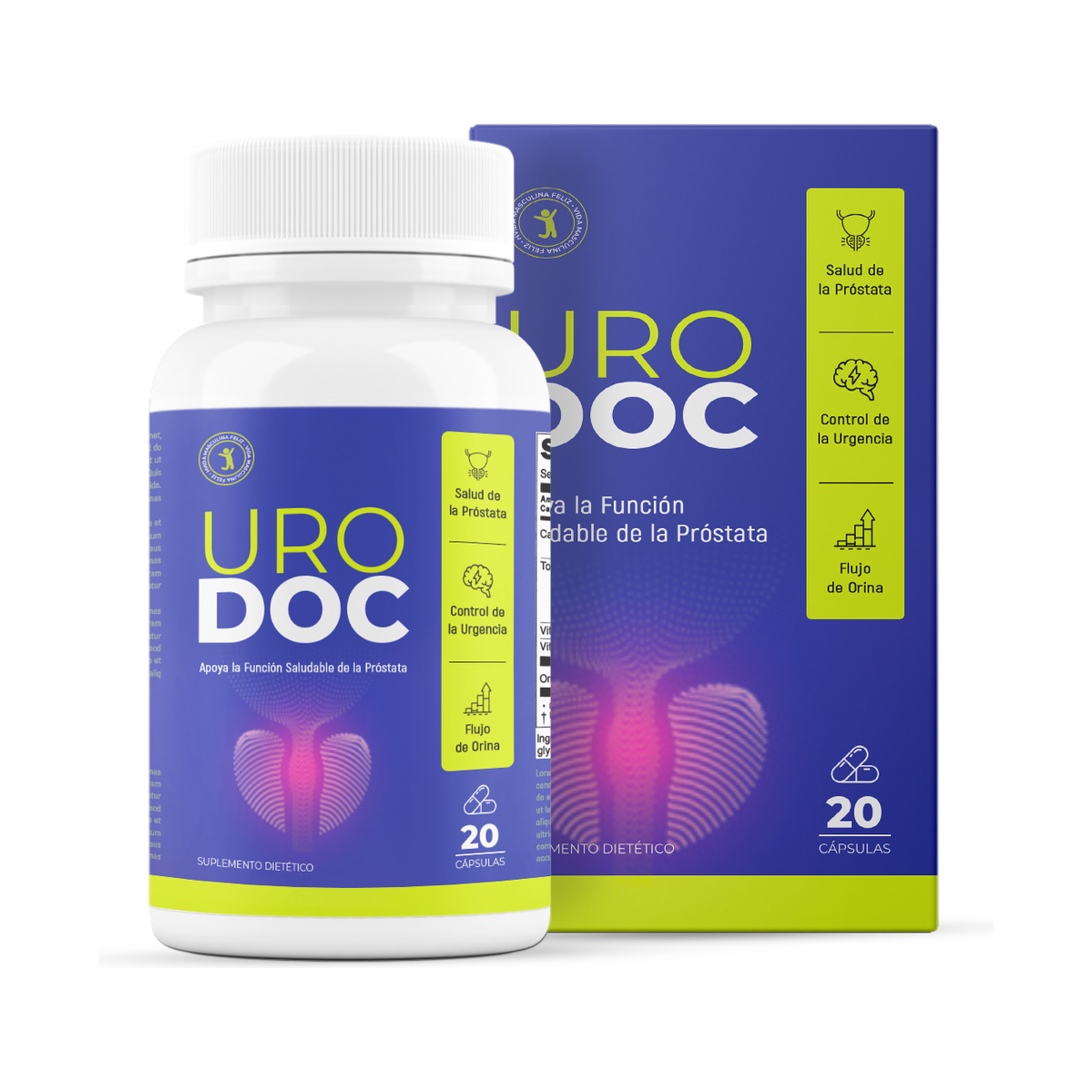 Frasco y caja de Uro Doc de 20 cápsulas